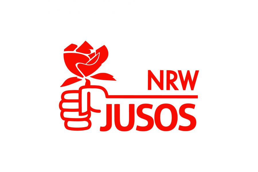 logo jusos mit einer rot gezeichneten Faust die eine Rose hält