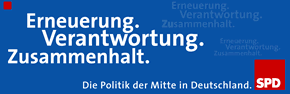 Banner SPD-Bundesparteitag Berlin2002: Erneuerung. Verantwortung. Zusammenhalt.