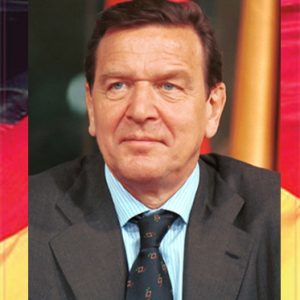 Bildmontage Gerhard Schröder Portrait vor Deutschland-Fahne
