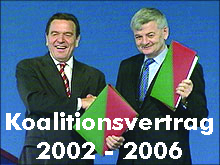 Gerhard Schröder und Joschka Fischer präsentieren den Koalitionsvertrag 2002-2006 zwischen SPD und Bündnis 90 / Die Grünen