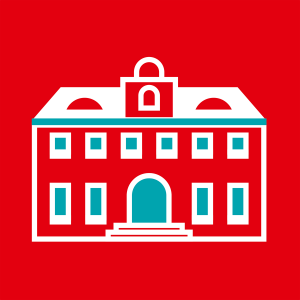 digitale Zeichnung eines Verwaltungsgebäudes auf roten Grund