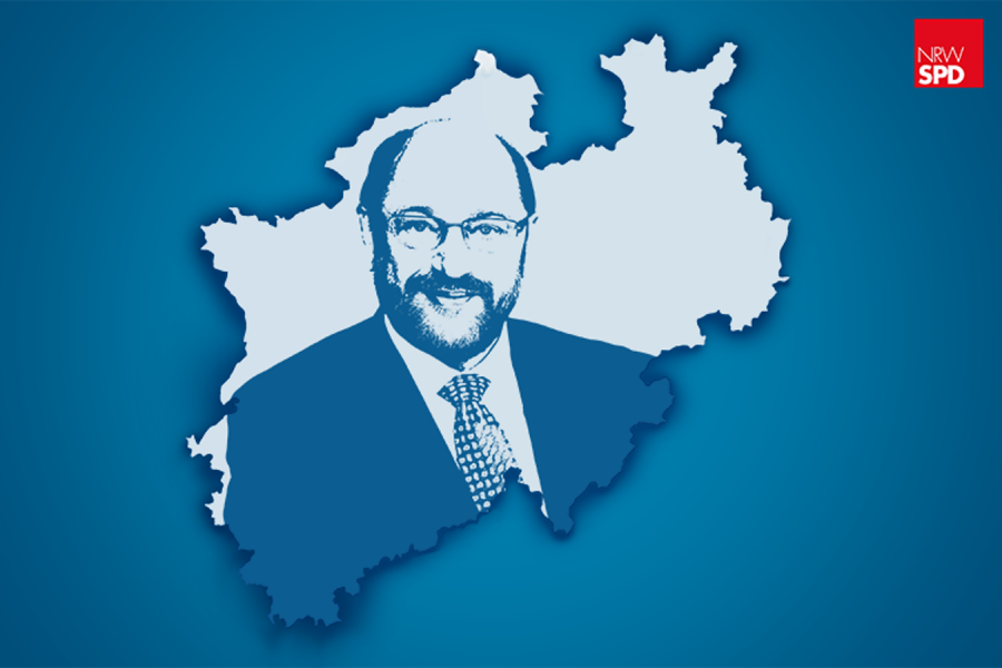 Silhouette von Martin Schulz auf dem Umriss von NRW