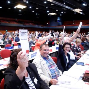 Delegierte auf dem außerordentlichen Landesparteitag 2019 in Bochum heben ihre Stimmkarten