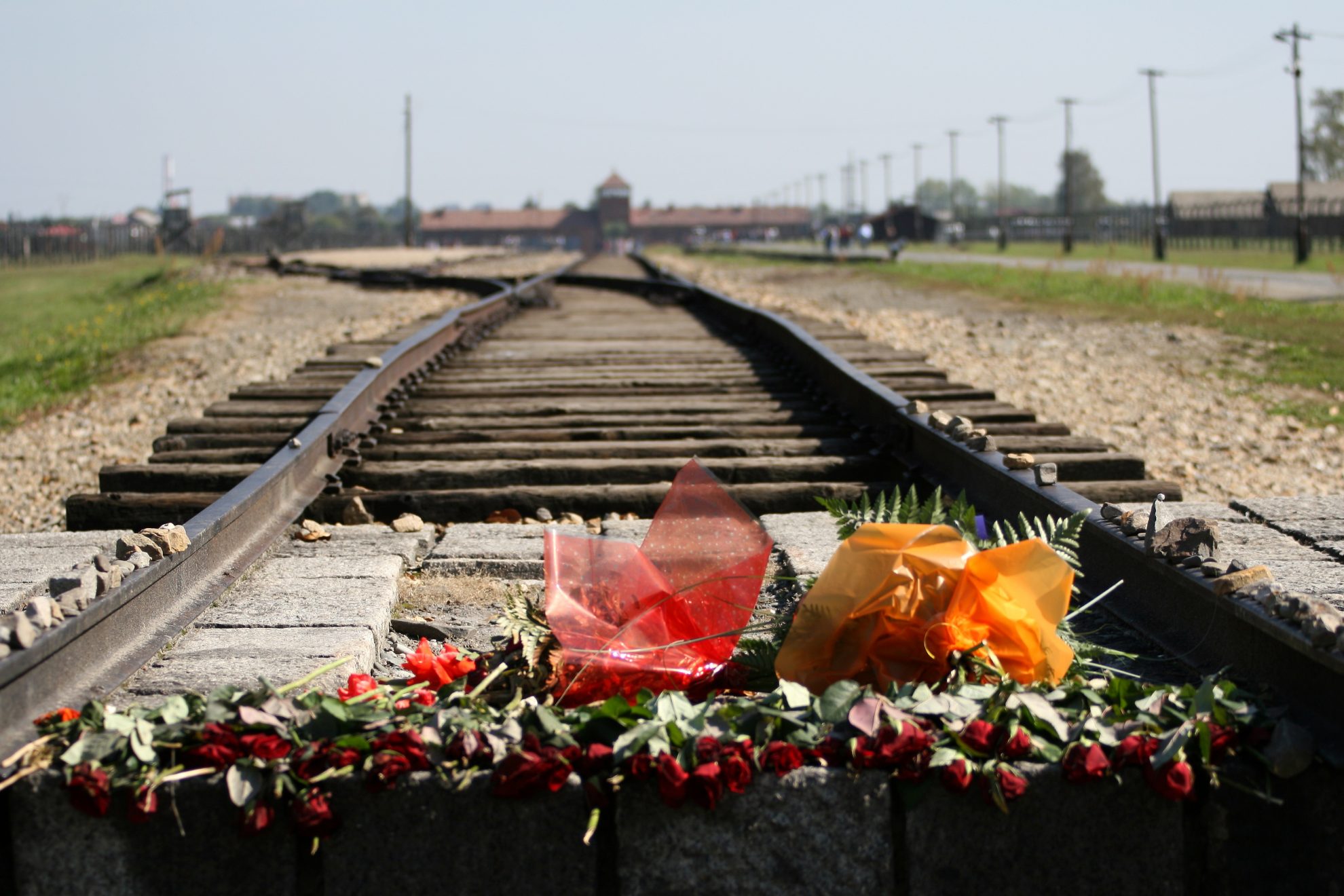 Mit Blumen belegtes Bahngleis vor dem Eingang des KZ Auschwitz-Birkenau
