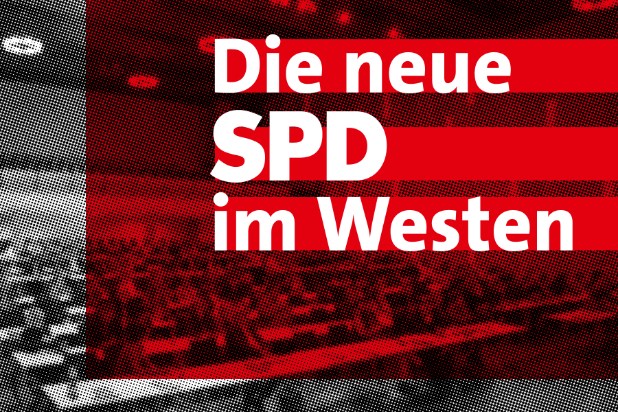 Auf dem Bild ist im Hintergrund ein Foto von Delegiertenreihen auf einem Parteitag zu sehen. Über den Bild wurde der Schriftzug "Die neue SPD im Westen" gelegt.